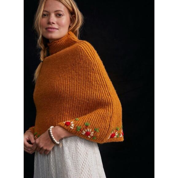 NWT Anthropologie Daisy Embroidered Gold/Orange Turtle Neck Poncho Size ALL - Picture 1 of 11